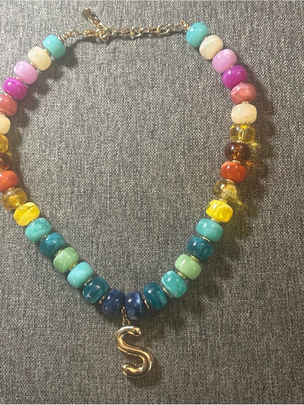 Anthropologie Rainbow Glass Bead Necklace with Gold 'S' Charm